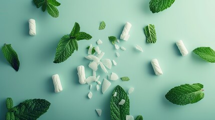 fresh mint leaves and chewing gum pads gracefully falling against a light blue background, evoking a sense of freshness and invigoration, creating a visually striking scene.