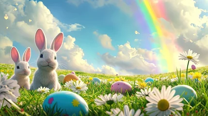 Poster Hop into Easter with a smile! Bunnies, vibrant eggs, and daisies make this landscape truly delightful. © Евгений Федоров
