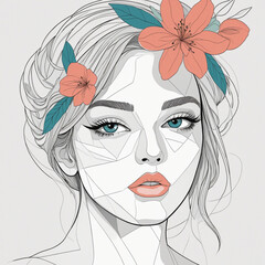 Continuous one line abstract woman portrait with flower and colorful geometric shapes