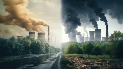 Air pollution from factories. Pollution problems and climate change concept.