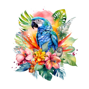 blue parrot tropical flowers watercolor clip art preview