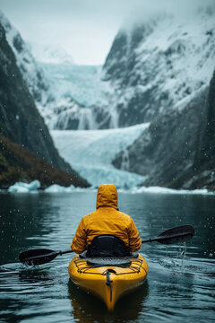 Kayaker in a yellow jacket on a serene glacier lake Generative AI image