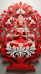 A three-dimensional red cutout artwork of a meditating deity, surrounded by intricate foliage patterns