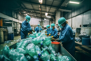 Workers sorting plastics at a recycling facility Generative AI image