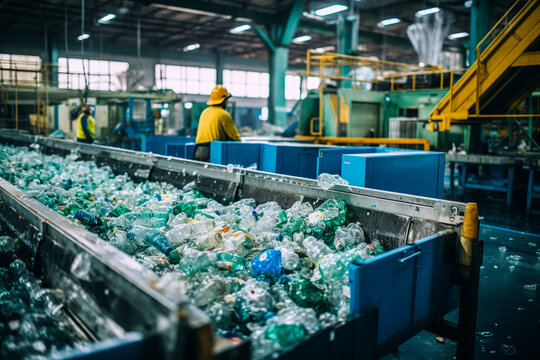 Recycling plant worker overseeing plastic bottle processing Generative AI image