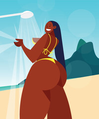Beautiful woman taking a shower on the beach in Rio  - flat character - vector illustration – linear illustration