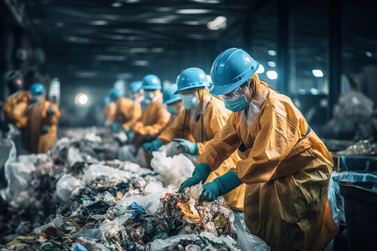 Workers sorting waste at a recycling plant Generative AI image