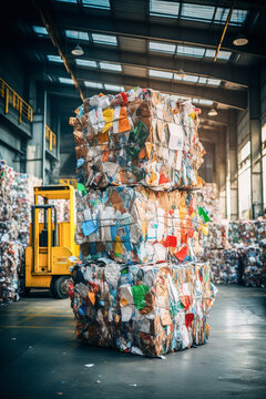 Giant bale of compressed recyclable materials in a warehouse Generative AI image