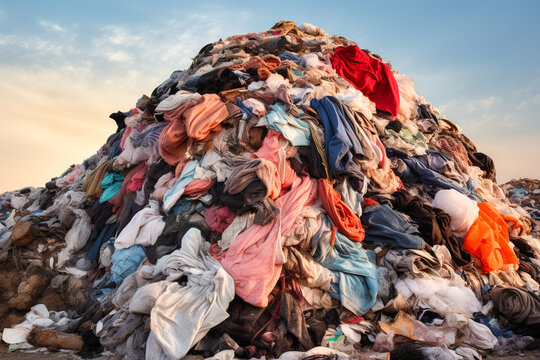 Mountain of discarded clothing at a landfill Generative AI image