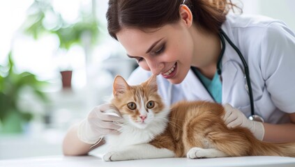 Veterinarian examining cat in vet clinic. Animal care concept.