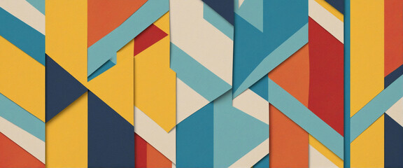 Geometric Fashion Papers Texture Background with Yellow, Red, and Blue Colors and Zigzag Pattern. Top View, Flat Lay.