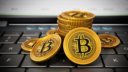 Generic crypto currency coins, buy and sell icons standing on laptop computer keyboard. 3D illustration