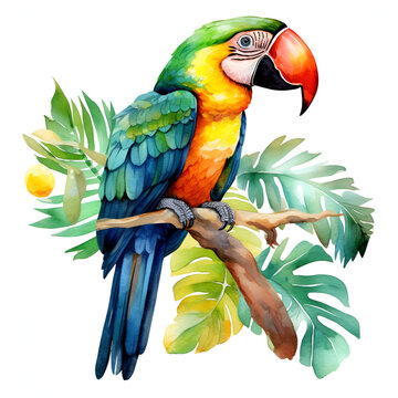 colorful parrot perched watercolor tropical clip art preview