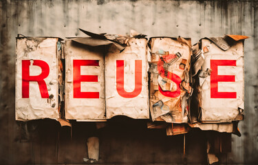 Grunge Reuse Sign on Worn-Out Cardboard Containers Generative AI image