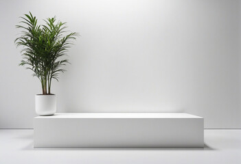 White platform with podium and plant by wall. Modern interior showcase stand for product display.