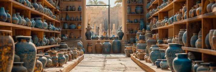 Egyptian shop dishes jugs, bowls. Ceramic antique amphoras with patterns set. Ancient Egypt pottery with ornament. Сollection of Ancient Egypt vases. - obrazy, fototapety, plakaty