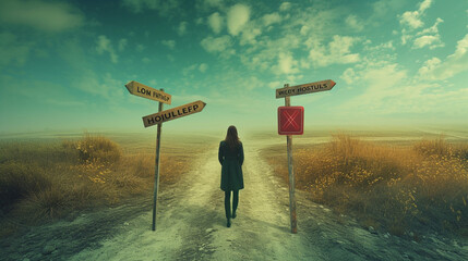 A symbolic image of a woman standing at a crossroads, with signposts indicating 'Loan Relief,' 'Financial Help,' and 'Housing Crisis' The scene captures the dilemma and concerns of navigating