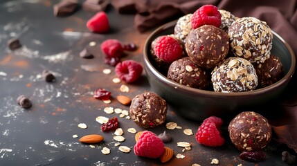 Homemade chocolate truffles with fresh raspberries and almonds. - obrazy, fototapety, plakaty