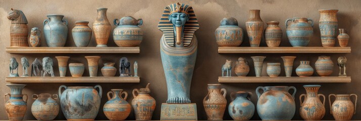 Сollection of Ancient Egypt vases. Ceramic antique amphoras with patterns set. Ancient Egypt pottery with ornament. - obrazy, fototapety, plakaty