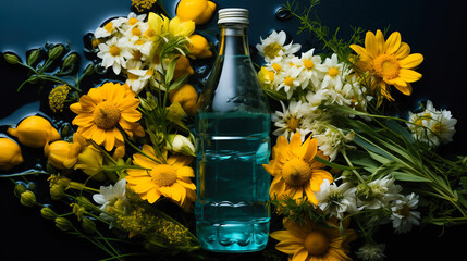 Glass bottle surrounded by vibrant yellow and white flowers Generative AI image