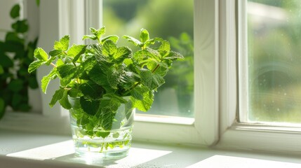 green mint leaves contained in a glass, bathed in natural light on a kitchen white windowsill, offering a serene, scene that evokes the essence of homegrown herbs and culinary inspiration.