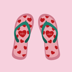 Flat Design  Happy Valentine's Day Illustration with Flip Flops at Hearts Pattern