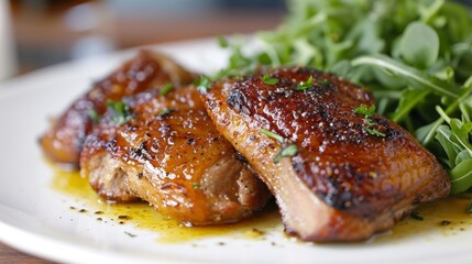 Close-up of duck confit on a white porcelain plate. Traditional French dish of slow-cooked duck legs garnished with arugula leaves. The calling card of French cuisine.