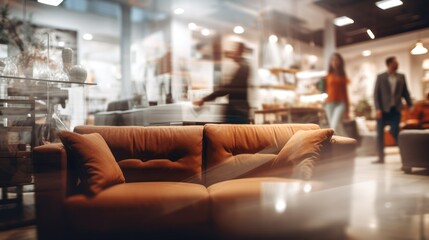 Sofa in a furniture store, blurred background for banner and promotions