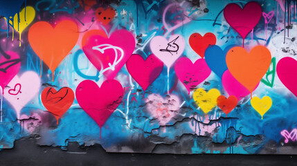 Colorful grafitti hearts as graffiti love symbol on old grafitti wall