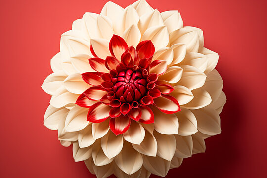 Exquisite cream and red dahlia against a red background. Generative AI image