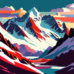 Mountain landscape with lake, mountains and sky. Vector illustration. - obrazy, fototapety, plakaty