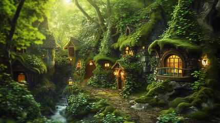A hidden gnome village deep in the enchanted forest, with moss-covered cottages and whimsical huts nestled among ancient trees Tiny lanterns light the pathways, and mystical 