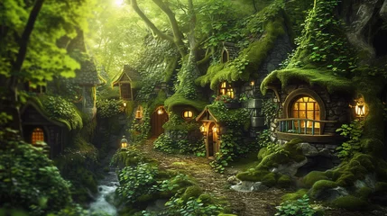 Fotobehang A hidden gnome village deep in the enchanted forest, with moss-covered cottages and whimsical huts nestled among ancient trees Tiny lanterns light the pathways, and mystical  © 1st footage