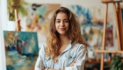 portrait of smiling young woman standing with crossed arms in art studio