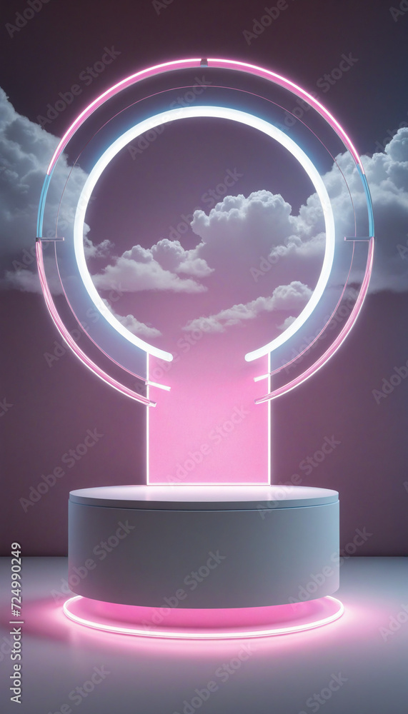 Aufkleber dreamlike product display stand with glowing circle and clouds. ethereal glow above foggy platform.