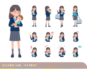 Obraz premium 赤ちゃんの保護・世話をする紺ブレザー女子学生のセット