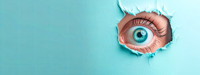 Creative Vision Concept - Human Eye Peeking Through Turquoise Ripped Paper