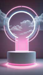 Dreamlike Product Display Stand with Glowing Circle and Clouds. Ethereal Glow Above Foggy Platform.