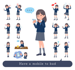 スマホを使って不幸せな紺ブレザー女子学生のセット