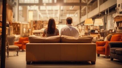 Positive family couple choosing new sofa and sitting in the furniture shop - obrazy, fototapety, plakaty