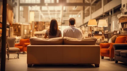 Fotobehang Positive family couple choosing new sofa and sitting in the furniture shop © brillianata