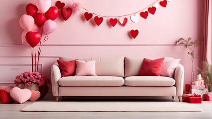 Living room interior with sofa and Valentine's Day decorations, pink and red hearts, copy space background
