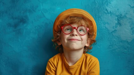 A Shoulder-Up Photo of a Young Boy in Yellow, Amused and Slightly Confused, Leaning on a Turquoise Wall - A Captivating Image for Children's Mental Health and Emotional Education - obrazy, fototapety, plakaty