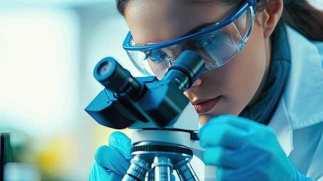 a scientist or doctor as they peer through a microscope, conducting a close-up examination of blood samples, showcasing the precision and dedication, in medical research and diagnosis.