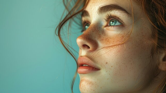 Close up Shot of A Young Woman with Blue Eyes and Freckles Looking up With Wonder and Curiosity 