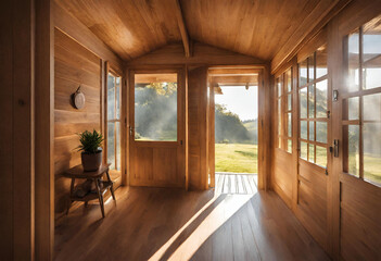 Fototapeta na wymiar inside view of a beautiful wooden house and sun light entering from the main door