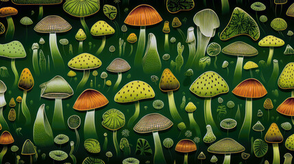  mushrooms on a green background. Generative ai