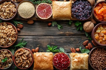 Nowruz celebration background with treats, baklava, dried fruits, nuts on wooden surface