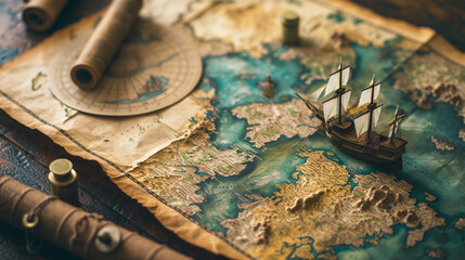 A cartographic background featuring a vintage map, illustrating the voyages and expeditions of...