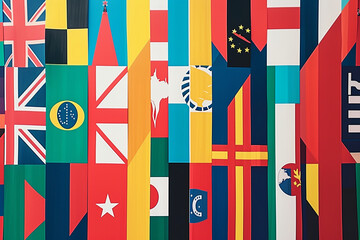 Flags of different nations presented in a minimalist style, using bold lines and primary colors to capture the essence of global diversity